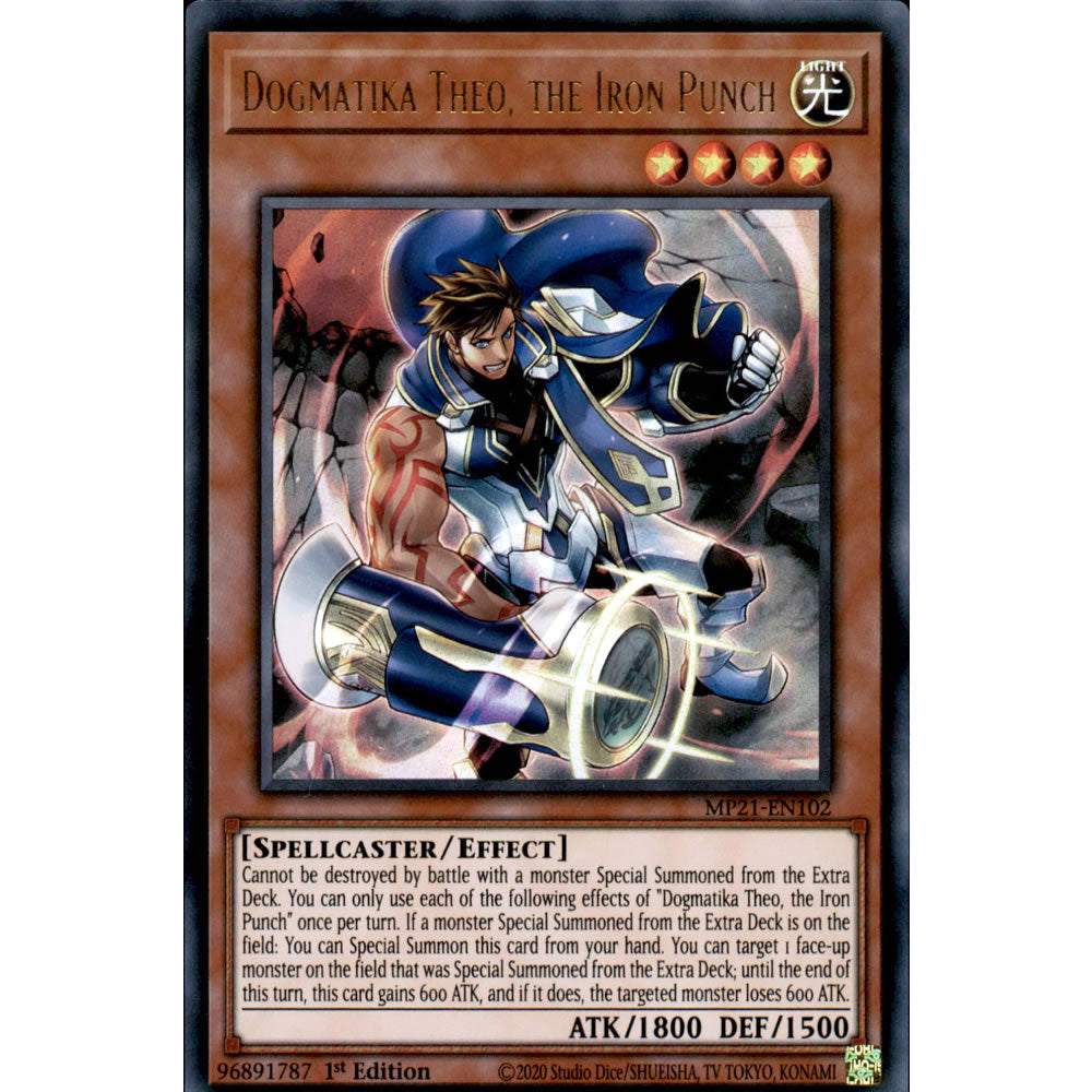 Dogmatika Theo, the Iron Punch MP21-EN102 Yu-Gi-Oh! Card from the Mega Tin 2021 Mega Pack Set