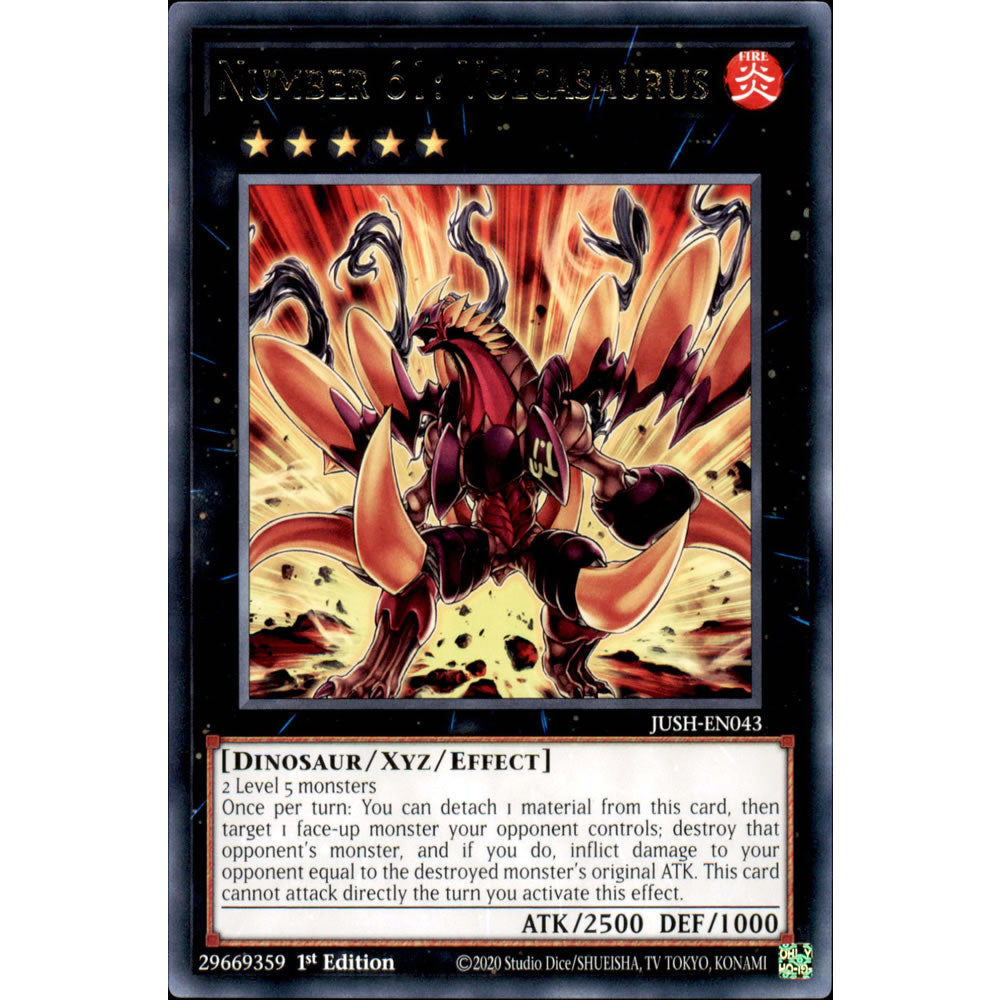 Number 61: Volcasaurus JUSH-EN043 Yu-Gi-Oh! Card from the Justice Hunters Set